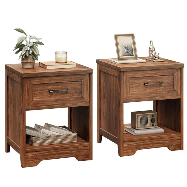 AODK Farmhouse Nightstand Set of 2, Rustic End Tables with Drawer & Open Storage, Wood Bedside Tables for Bedroom, Living Room, Walnut