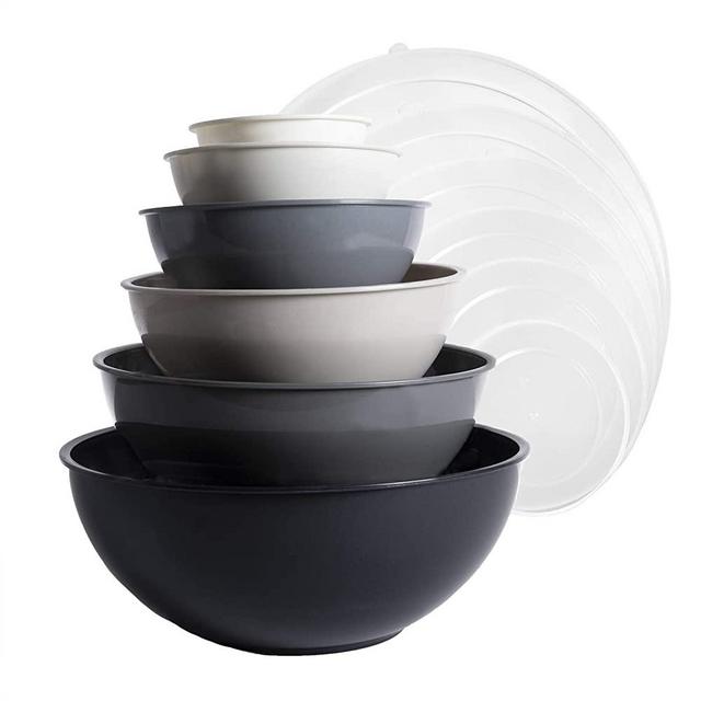 Cook with Color Mixing Bowls with Lids - 12 Piece Plastic Nesting Bowls Set includes 6 Prep Bowls and 6 Lids, Microwave Safe Mixing Bowl Set (Black)