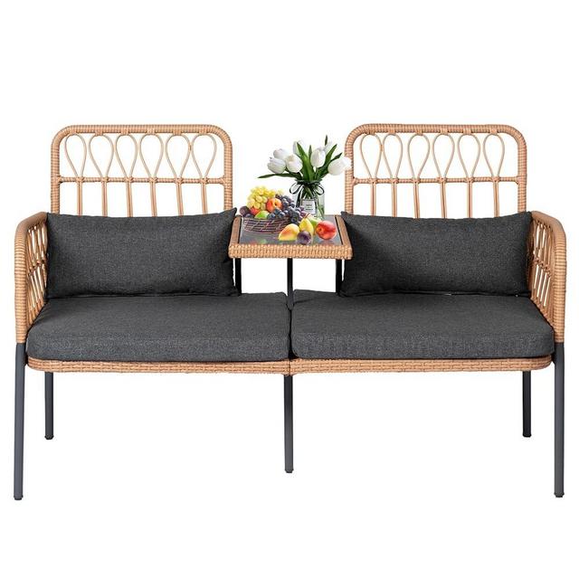 PROHIKER Patio Furniture Outdoor Rattan Loveseat 2-Seat with Built-in Table, Lumbar Pillows and Cushions, All-Weather Wicker Loveseat Porch Chairs for Balcony, Lawn, Backyard
