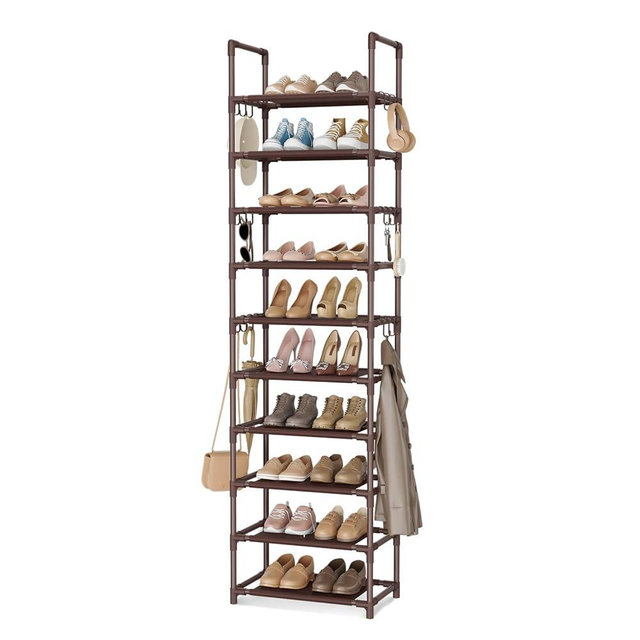 VTRIN 10 Tiers Tall Shoe Rack Holds 20-25 Pairs of Shoes Sturdy Vertical Shoe Organizer with 18pcs Hooks Stackable Narrow Shoe Rack for Closet, Entryway Brown