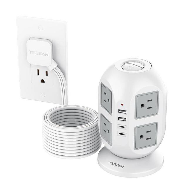 Tower Power Strip, Surge Protector 10 FT Cord, TESSAN Flat Plug Extension Cord with Multiple Outlets, 8 AC Outlets with 4 USB Ports (2 USB C), Charging Station with Surge Protection, for Office Dorm