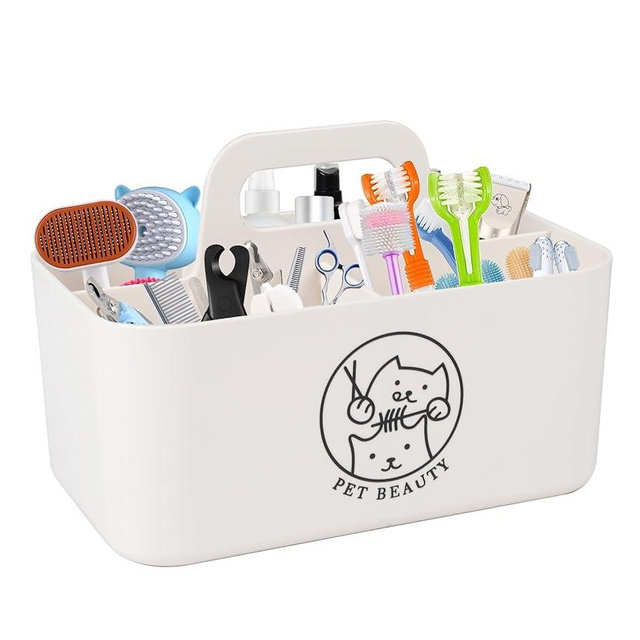 Brabtod Dog Storage Organizer for Grooming Supplies,Portable Caddy Organizer for Pet Stuff,Divided Storage Bin for Dog Cat Grooming Kit,Dog Stuff Organizer with Handle for Shampoo,Clipper,Comb