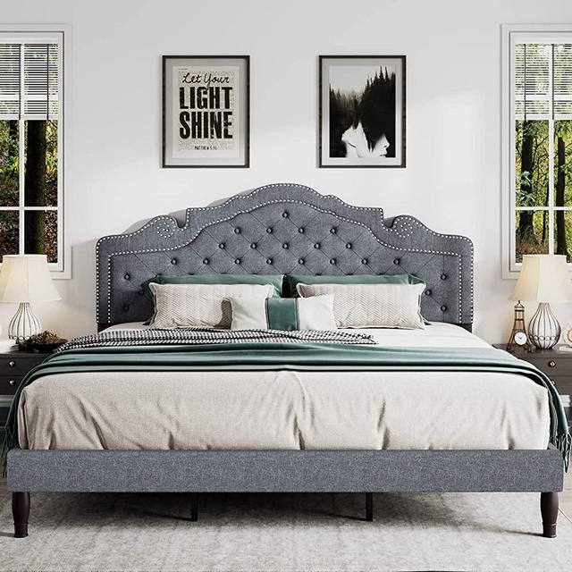 SHA CERLIN King Size Platform Bed Frame with Adjustable Headboard / Fabric Upholstered / Diamond Button Tufted and Metal Studs / Wood Slat Support / No Box Spring Needed / Light Gray