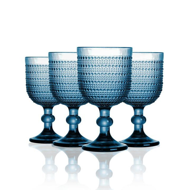 GOROGILE 12 oz Blue Vintage Wine Glasses,Hobnail Drinking Glasses Set of 4,Embossed Goblet Glasses for Wedding,Party, Dinner,Bar