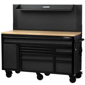 61 in. W 24 in. D 10-Drawer 1-Door Mobile Workbench with Solid Wood Top and Flip-Up Pegboard in Textured Black