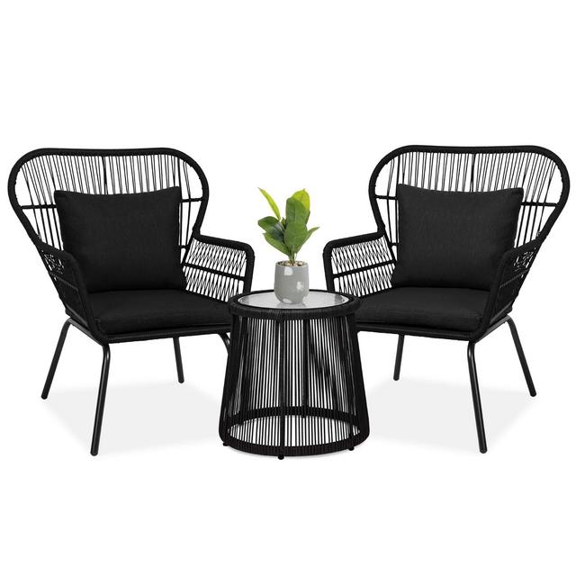 Best Choice Products 3-Piece Patio Conversation Bistro Set, Outdoor All-Weather Wicker Furniture for Porch, Backyard w/ 2 Wide Ergonomic Chairs, Cushions, Glass Top Side Table - Black