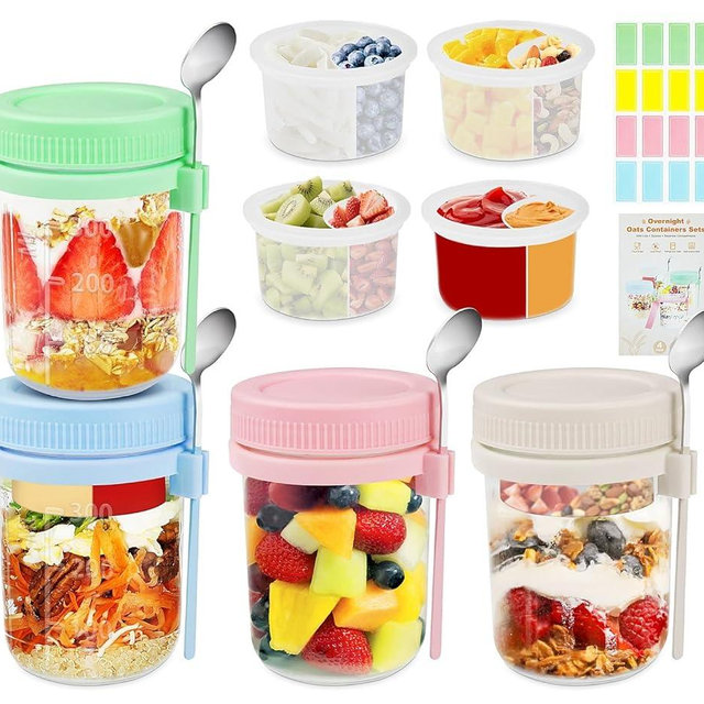 Overnight Oats Containers with Lids and Spoons - 4 Pack 16 oz Glass Mason Jars with Separate Compartments Airtight Overnight Oat Jars Leakproof Yogurt Parfait Cup for Oatmeal Chia Pudding Cereal Salad