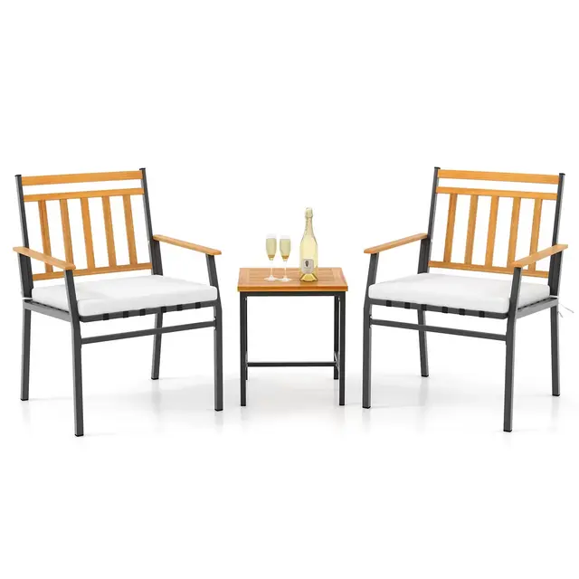 Tangkula 3 Pieces Acacia Wood Bistro Set Patio Conversation Set with Cushions and Coffee Table Outdoor Bistro Table and Chairs Set for Porch