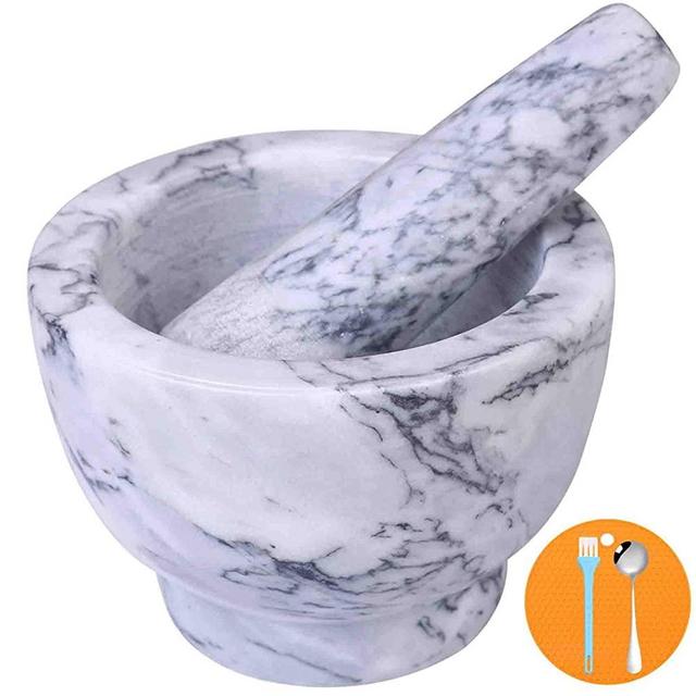 Mortar and Pestle Set, Guacamole Bowl Polished Natural Marble Stone, Grinder And Crusher, with Silicone Mat & Spoon (Medium, Light White Gray)
