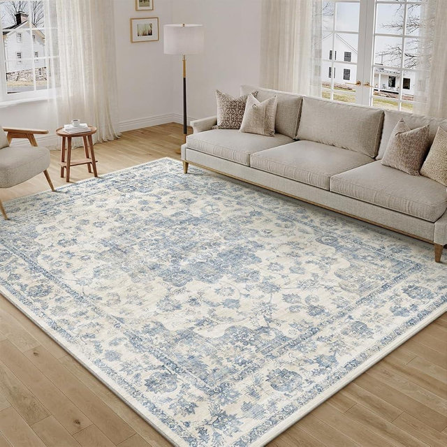 WondRg 6x9 Washable Neutral Area Rug Blue Vintage Living Room Bedroom Carpet Non-Slip Soft Low Pile Floral Indoor Throw Rug for Dining Room Entryway Office