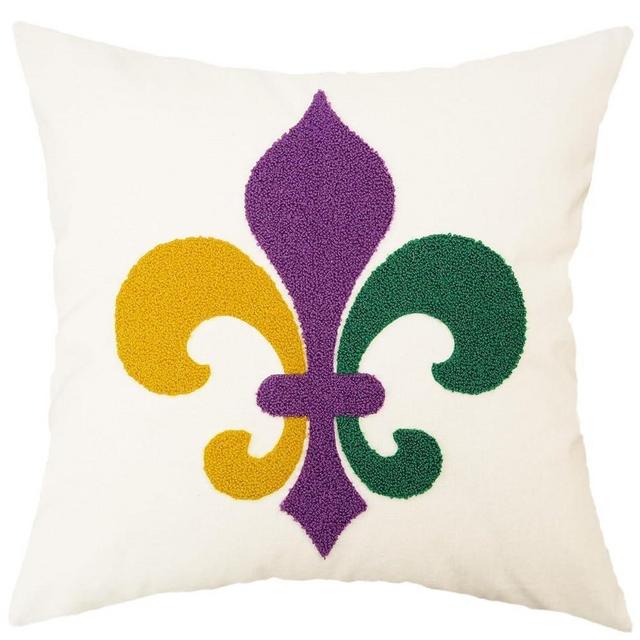 GEEORY Mardi Gras Cotton Embroidered Fleur de Lis Pillow Cover 18x18 Inch, Mardi Gras Decorations Farmhouse Home Decor Canvas Cushion Case for Living Room, Sofa & Bed GX018-1-18