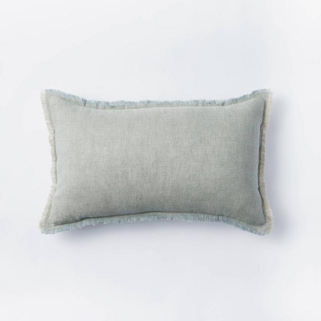 Lumbar Linen Throw Pillow with Contrast Frayed Edges Green/Cream - Threshold™ designed with Studio McGee