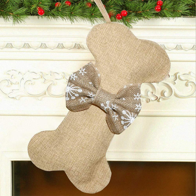 Malier New Linen Large Christmas Stocking for Dogs Cats Pets Jute Natural Burlap Dog Bone Shape Hanging Dog Christmas Stocking (Khaki Snowflake)