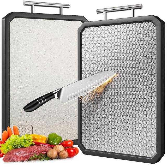 Double Sided 304 Stainless Steel & Wheat Straw Cutting Board, Large 16”×12” Non Toxic Chopping Board for Kitchen, Separately Handle Meat and Vegetables, Dishwasher Safe,Scratch Resistant Mesh Design