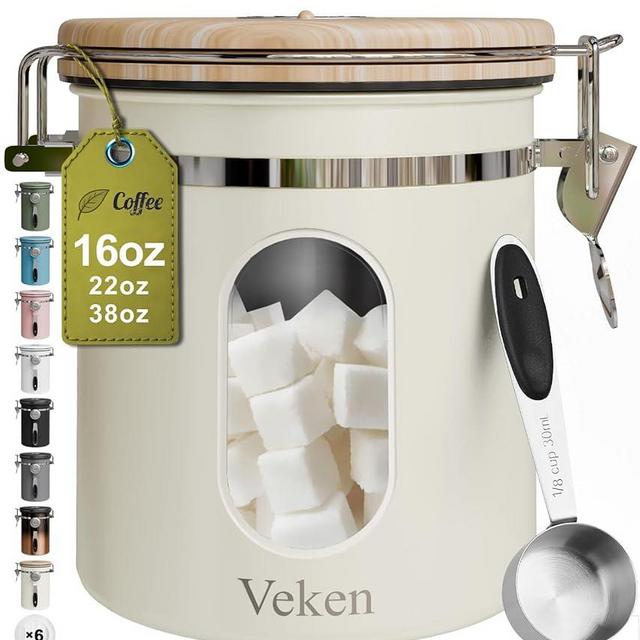 Veken Coffee Sugar Canister with Window, Airtight Stainless Steel Kitchen Food Storage Container with Lids, Date Tracker and Scoop for Grounds Coffee, Beans, Tea, Flour, Cereal Jars, 16OZ, Cream