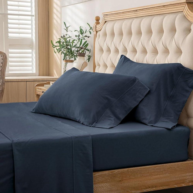 PURE ERA Jersey Knit 4pc Bed Sheet Set 100% T-Shirt Cotton Super Soft Comfy Breathable Fits Mattress Up to 20" Extra Deep Pocket (Solid Navy Blue, King)