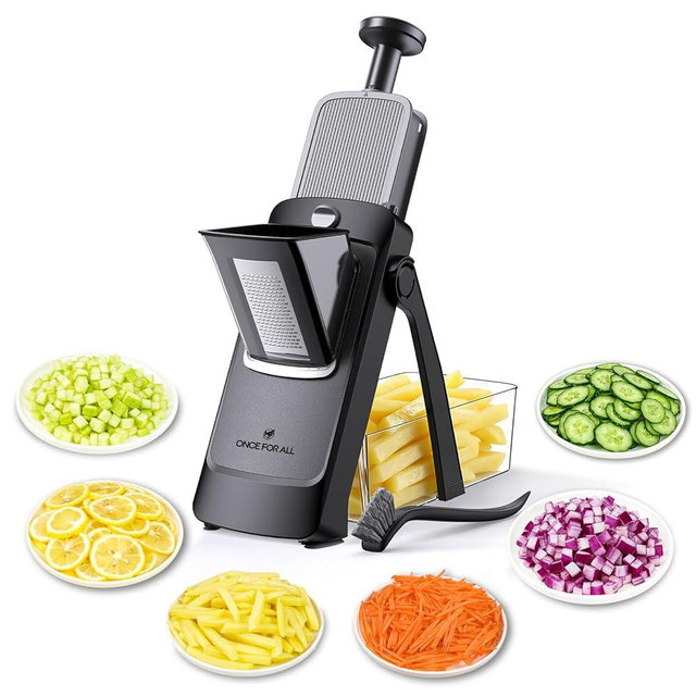 ONCE FOR ALL Safe Mandoline Slicer Pro, 4th Gen, Adjustable Thickness Vegetable Slicer For Kitchen, Food Chopper With Container, Veggie Chopper Cutter For Potato Onion Fruit, Black