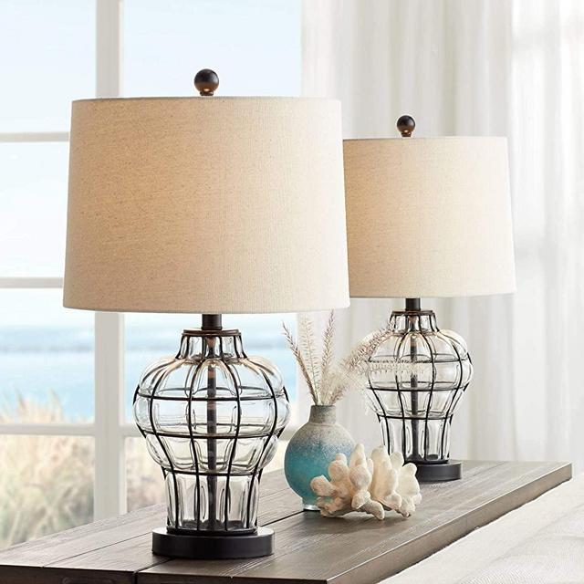 Hudson Modern Farmhouse Table Lamps Set of 2 Dark Bronze Clear Blown Glass Gourd Burlap Fabric Drum Shade for Living Room Bedroom House Bedside Nightstand Home Office Family - 360 Lighting