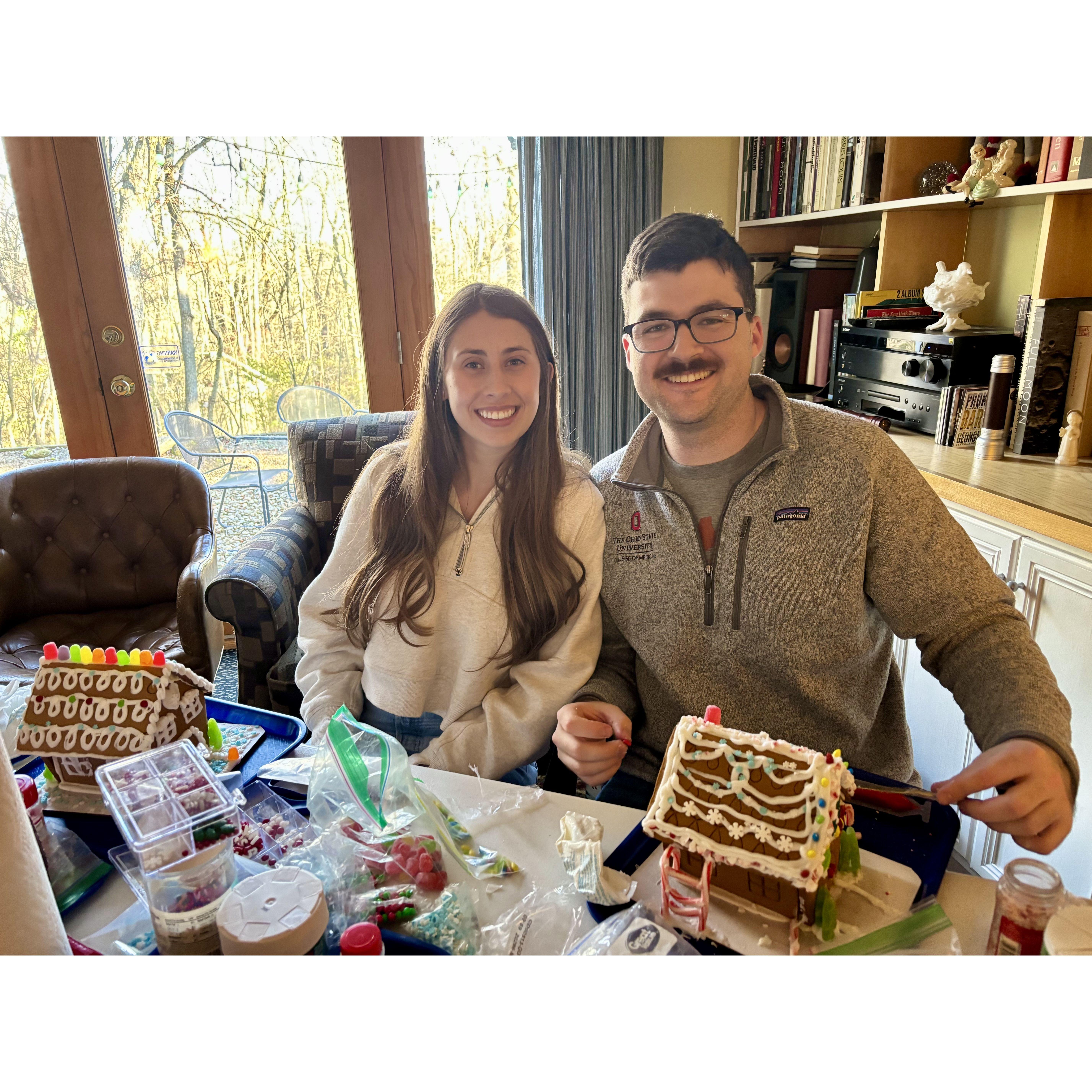 Making gingerbread houses together in Akron