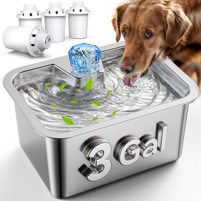 Large Dog Water Fountain Stainless Steel,3 Gallon Extra Large Big Pet Water Fountain for Large Dogs with 4 Filters,Automatic Dog Water Bowl Dispenser Drinking Fountains,Easy to Clean,Quiet Pump