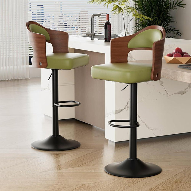 Daluvenix Swivel Bar Stools Set of 2, Wooden Upholstered PU Leather Barstools with Back & Footrest,Seat Adjustable Height 24.5-33.5IN,Counter Height Bar Chairs for Kitchen Island,Green