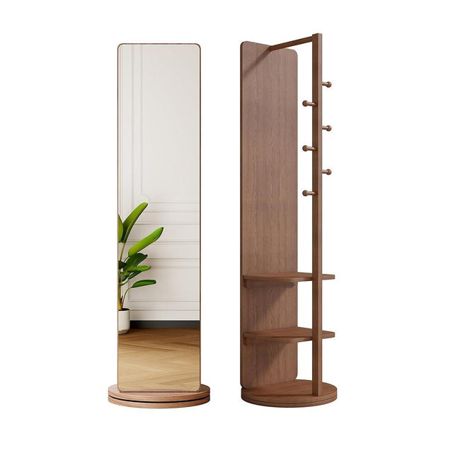 360° Rotating 66"x14" Multifunctional Full Length Mirror with Hook Storage Rack Coat Rack with Mirror Solid Wood Floor Mirror Bedroom Living Room Cloakroom Space Saving (Walnut)
