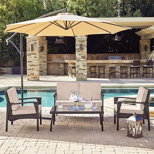 BELLEZE 4 Piece Rattan Patio Conversation Set, Glass Top Rectangular Table and Chairs with Armrests, Outdoor Wicker Furniture with Removable Cushions - Brown