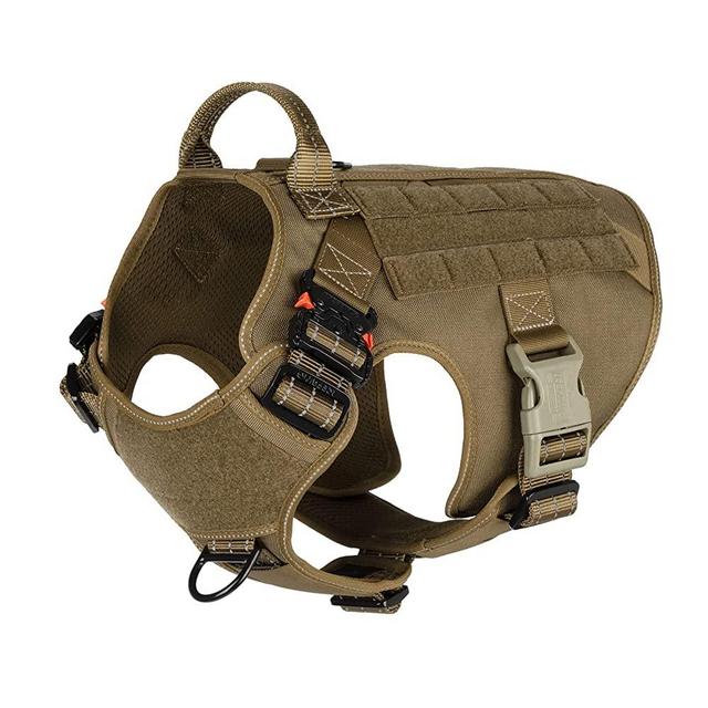 ICEFANG Tactical Dog Harness ,2X Metal Buckle,Working Dog MOLLE Vest with Handle,No Pulling Front Leash Clip,Hook and Loop Panel (X-Large (Pack of 1), Reflective Brown)