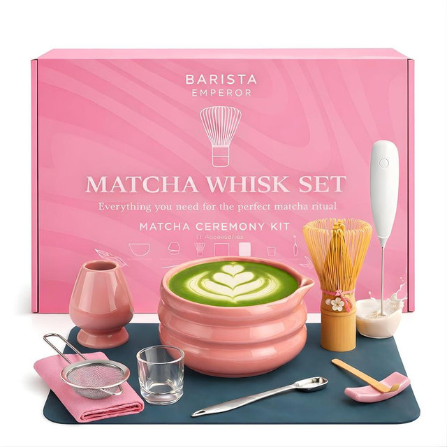 BARISTA EMPEROR® MATCHA WHISK SET PREMIUM 11pcs - Professional Matcha Kit Set with Matcha Bowl, Matcha Whisk, Milk Frother, Spoon, Sifter, Scoop, Stand, Cup, Mat - Aesthetic Pink Matcha Set Kit