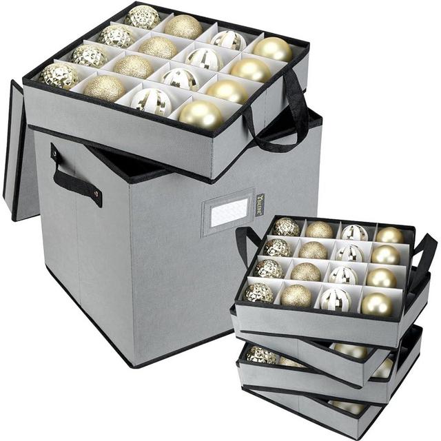BALEINE Christmas Ornament Storage Box with Dividers, Holiday Ornaments Storage Container Bin for Christmas Holiday Ornaments Xmas Decorations (64 Ball, Grey)