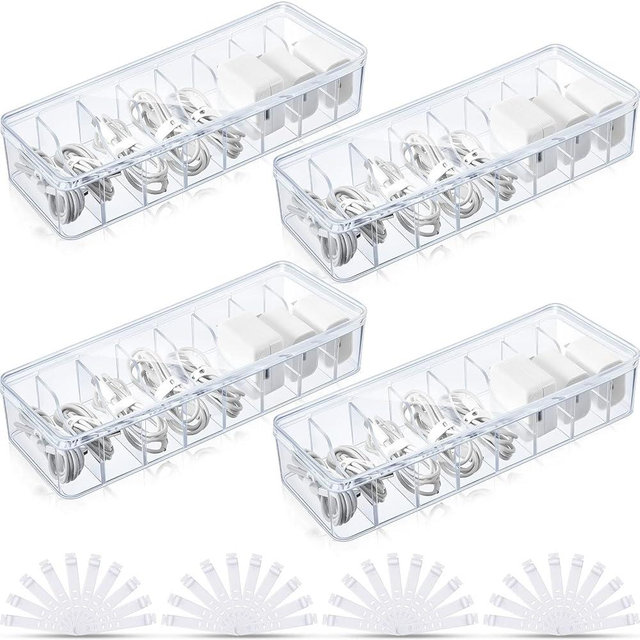 Tatuo 4 Pcs Cable Organizer Box with Wire Ties, Plastic Cord Storage Box with Lid, Electronics Organizer for Home Office Desk Organizers and Accessories (Clear)