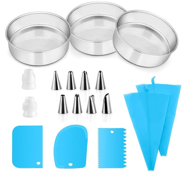 E-far 8 Inch Cake Pan Set of 3 with Piping Bags and Tips Set