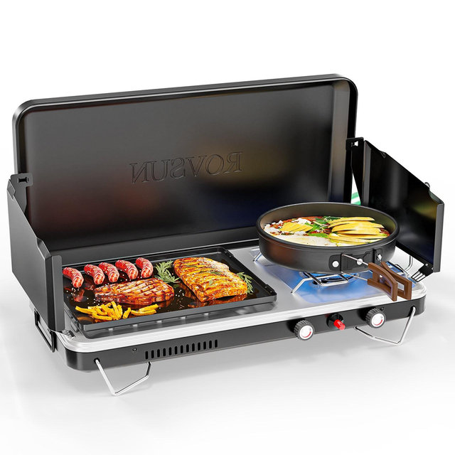 ROVSUN 2-in-1 Portable Camping Stove & Propane Grill Combo with Igniter, Tabletop Camp Stove with Handle & Windpanel for Camping Tailgating Grilling