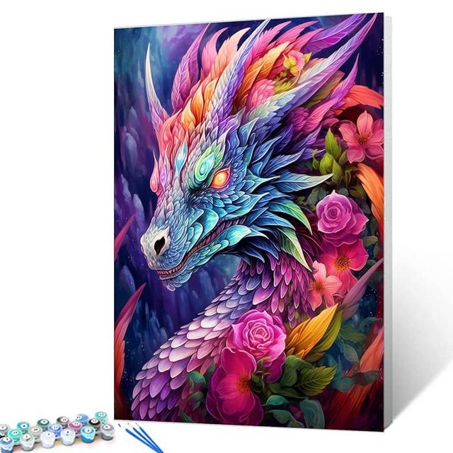 Animal Painting Dragon with Flowers Paint by Number Kits 16 x 20 inch Magic Creature Canvas DIY Oil Acrylic Fantasy Painting for Kids Adults Beginner with Brushes Office Home Decor Gift(DIY Frame)