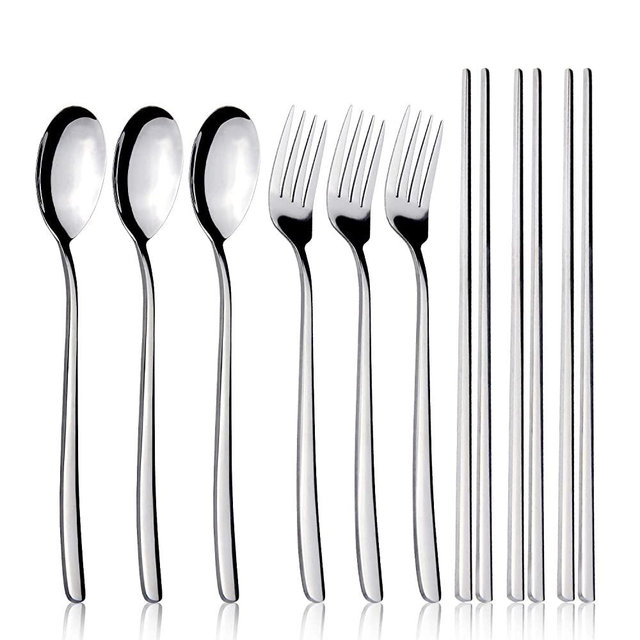 Spoons and Forks Set, Flatware Set, IQCWOOD 3 Pair Forks and Spoons Silverware Korean Utensil Set, Stainless Steel Korean Chopsticks Spoons and Fork Set, Dinnerware Portable Utensils for Home