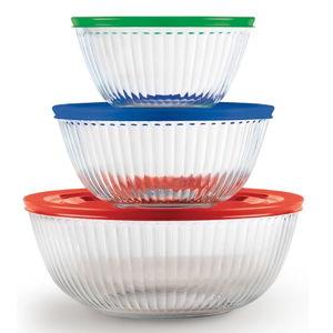 Pyrex Sculpted (3-Pack) Glass Mixing Bowls Set With Lids For Prepping, Baking and Cooking, Preheated Oven, Dishwasher, Freezer, and Microwave Safe