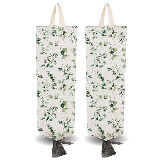 PRESSINART 2Pcs Cloth Plastic Bag Holder Grocery Bag Holder Rustic with 4Pcs Adhesive Hooks Eucalyptus Leaves Polyester Reusable Wall Mount Storage Organizers for Home Kitchen Pantry Car Decoration
