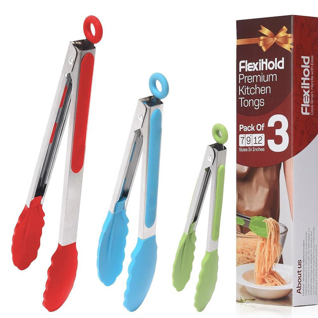Pack of 3 Stainless Steel Kitchen Tongs with Silicone Tips – Non-Stick Cooking, Grilling & BBQ Tongs for Serving, Dishwasher Safe, 7", 9" & 12" (Pack of 3 Multi-Color)