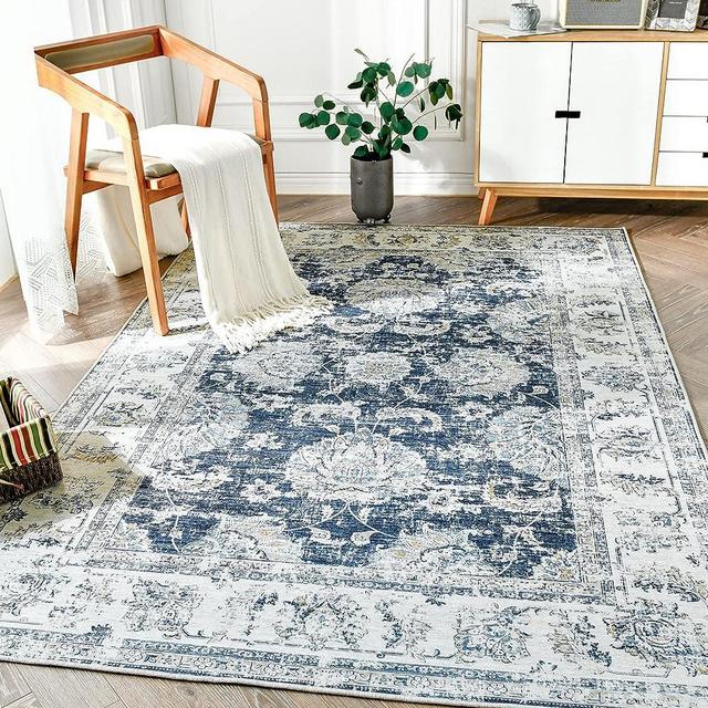 jinchan Area Rug 6x9 Persian Rug Washable Boho Living Room Rug Floral Print Large Rug Indoor Soft Distressed Foldable Carpet Thin Rug Bedroom Dining Room Office Farmhouse Dark Blue