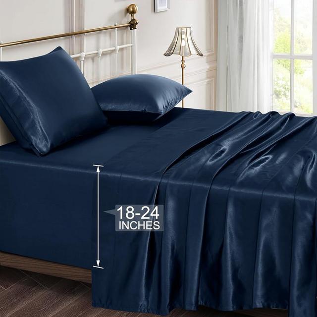 Vonty Satin Sheets Extra Deep Pocket Queen Sheet Sets - Cooling & Silky Satin Queen Size Sheets with 18-24 Inch Deep Pocket, Navy Blue Satin Bed Sheets Fit Up to 24" Deep Mattress - 4 Piece