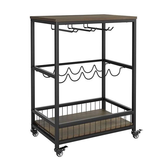 HOMECHO Bar Serving Cart Table Kitchen Wine Storage Cart with Wine Rack/Glass Holder, Serving Trolley with Lockable Wheels for Home, Dark Brown