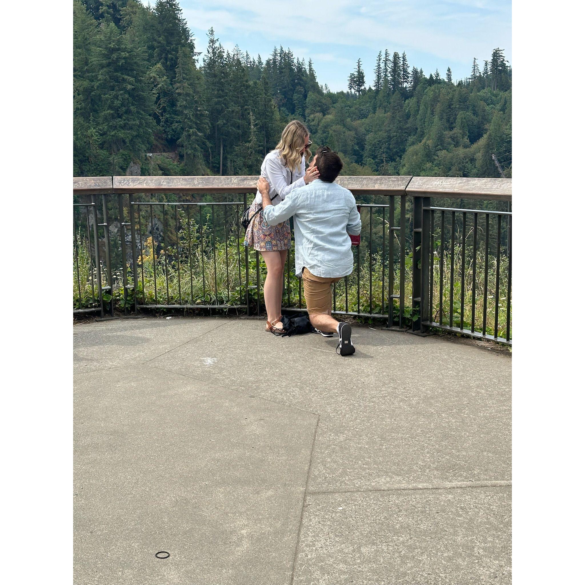 After a whirlwind Amazing Race-filled week, Matt proposed at Snoqualmie Falls and Jess (of course) said yes!