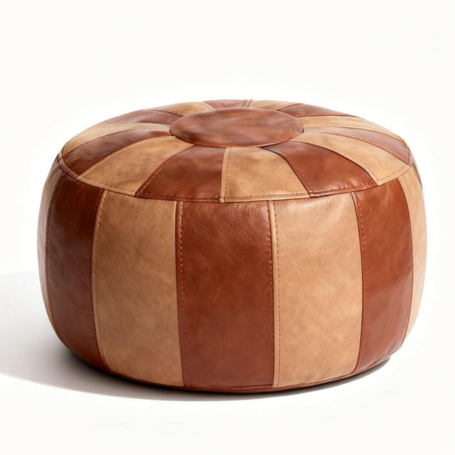 Thgonwid Unstuffed Moroccan Storage Pouf Foot Stool Ottoman Seat Handmade Faux Leather Bean Bag Floor Chair Foot Rest for Living Room, Bedroom or Balcony (Brown & Khaki)