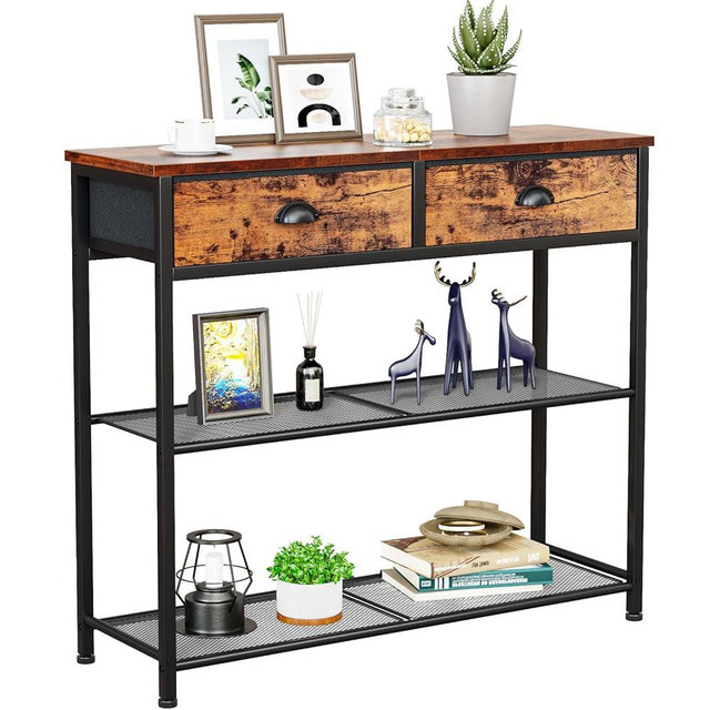 Furologee Console Sofa Table with Storage Shelf, Small 30'' Entryway Table with 2 Fabric Drawers, Industrial Table for Entry Way, Display Shelf for Hallway, Entrance, Foyer, Rustic Brown