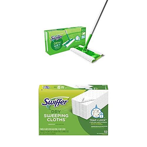 Swiffer Sweeper Dry + Wet All Purpose Floor Mopping and Cleaning Starter Kit with Heavy Duty Cloths and Sweeper Dry Mop Refills for Floor Mopping and Cleaning