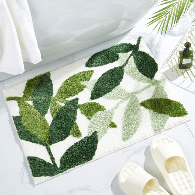 Gibelle Green Bathroom Rug, Non-Slip Strong Water Absorbent Plush Microfiber Bath Mat, Machine Washable Small Bathroom Floor Mat Shower Rug Cute Leaves Bathmat Indoor Doormat, 18"x26"