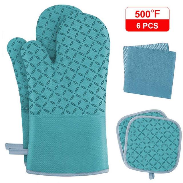 KEGOUU Oven Mitts and Pot Holders 6pcs Set, Kitchen Oven Glove High Heat Resistant 500 Degree Extra Long Oven Mitts and Potholder with Non-Slip Silicone Surface for Cooking (Turquoise)