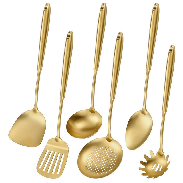 304 Stainless Steel Cooking Utensils,6 Pcs Kitchen Cooking Utensils Set with Spatula, Solid Spoon, Ladle, Skimmer, Spaghetti Spoon,Dishwasher Safe(Gold)