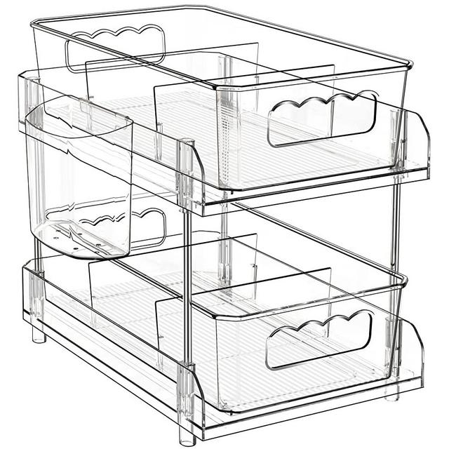 DOMNIU 2 Tier Clear Organizer with Dividers, Pantry Organization and Storage Multi Purpose Slide-Out Bathroom Organizer, Kitchen Pantry Medicine Cabniet Bins, Under Sink Organizer with Hanging Cup