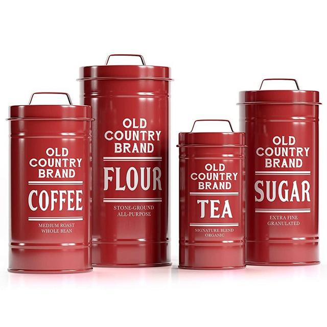 Barnyard Designs Decorative Nesting Kitchen Canister Jars with Lids, Brick Red Metal Rustic Vintage Farmhouse Container Decor for Flour Sugar Coffee Tea Storage, Set of 4, Largest is 5.5” x 11.25”